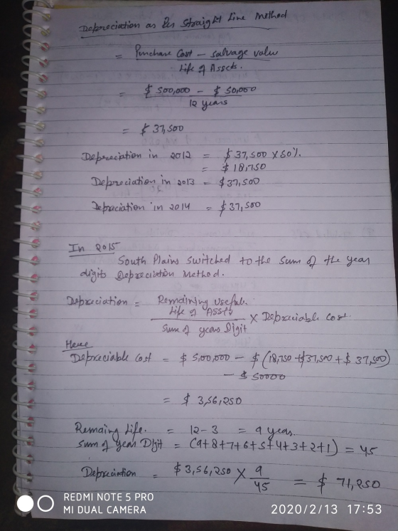 mothed Depreciation as les straight line Wuuuuuuu Penchane Cost - salvage value life of Assets. $ 500,000 - $50,000 + lo year