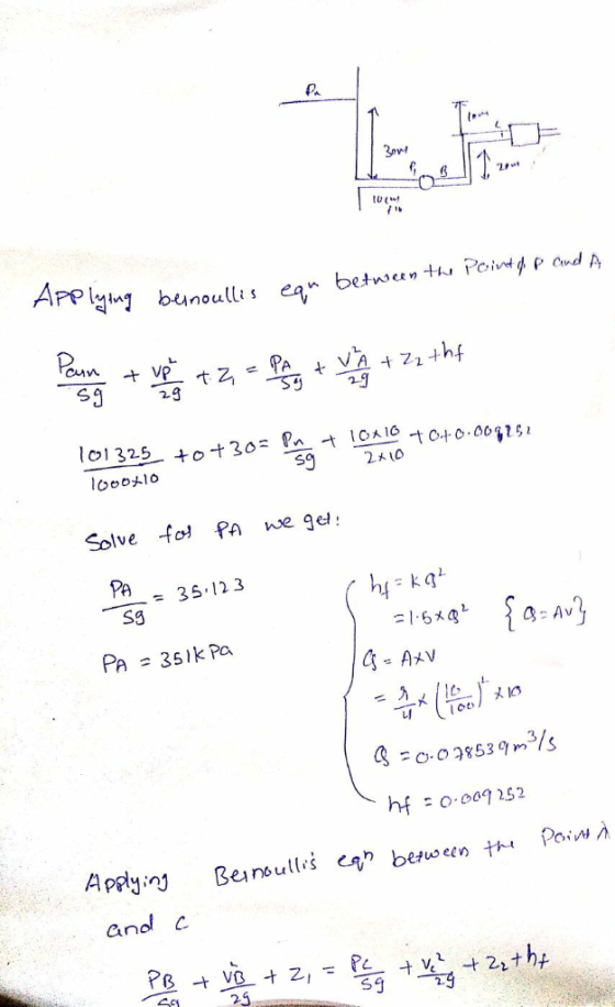 L 떠 1b o1 329 +0+20 A 040 001 loooメ10 sg 2시。 Solve fo PA we gel PA = 35,12.3 S9 q =C-028539m3/s hf 0 0252 anol c 25