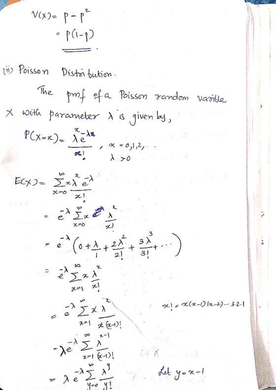 V(X)= p- pe = pli-p 5 Poisson Distribution. 1 The prof of a Poisson random vasitle x with parameter & is given by f(x-x). Xe