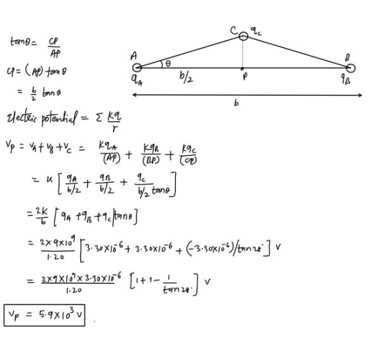 ac A tano CP AP cp= (Ap) tomo tanno Electric potential = Eka QA b/ 98 ь Up = At ve tvc = KLA TAP K9c + + K9B (BP) 9c - [ 1 2