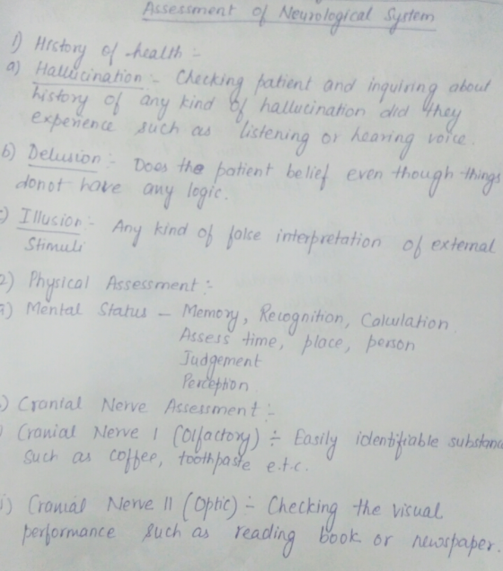 Assessment ol Neuro logical Syrtem ) History of Aealth a) Halli cination Checking hahent and inguising aboul istory of any ki