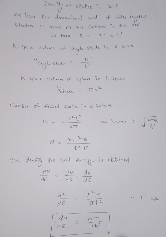 Density of states in 2.0 we have two dimensional well of sides lengths L. Electron of mass m are Confined in the well. So Are