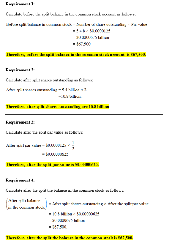 Requirement 1: Calculate before the split balance in the common stock account as follows: Par value Before split balance in c