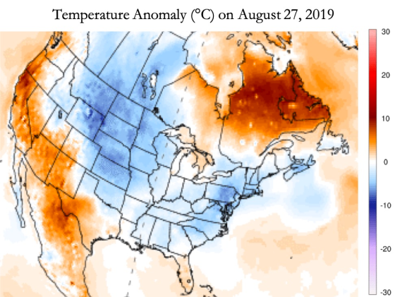 Temperature Anomaly (°C) on August 27, 2019 30 20 10 -10 -20 -30