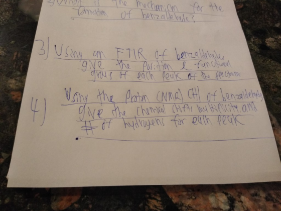 gulnat is ormation the mechanism of benzaldehyde? for the ny an FTIR of benzaldehrler give the position e funchacal grus of e