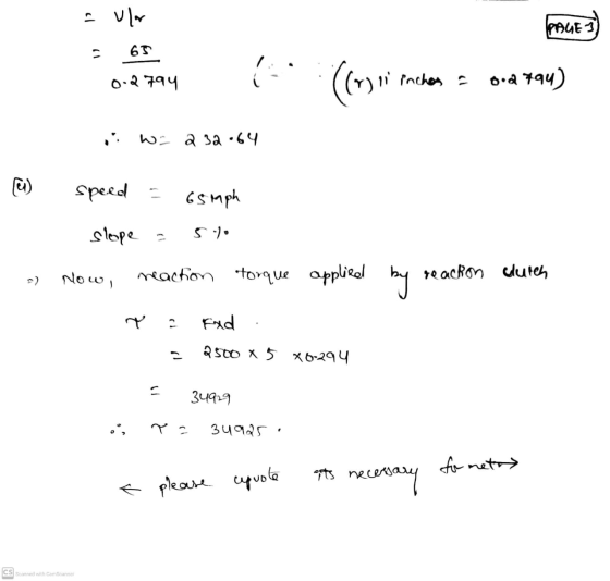 aula PAGE 3 65 ( 0.2794 ((v) Prches - pod 794) w - 2 32.64 ( ) speed - 65 mph slope 5.) Now, reaction torque applied by react