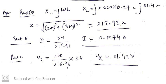 Aw. Pawecy Xc =jwl x2 =j x 220X037 = j 81.4a 2= V(zony?+ (314)2 = 215.93^ Part 1 34 P = 0.15744 Pave VR = 30.434 vp = 31.49V