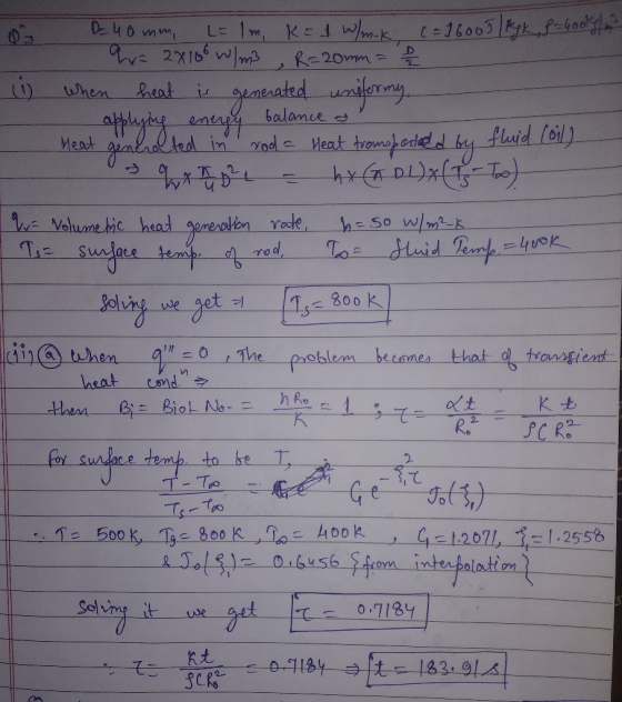 De 40 mm, 2 when applying energy balance o Q al I g = 800k L= 1 m, k = 1 W/m-k, (=160051 Egk,f-booksling Qu= 2x100w w/m3 R=20