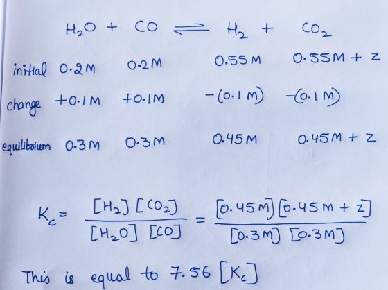 H₂O + co - H₂ + 0.55 M initial 0.2M 0.2M CO2 0.55M + z -(0.1M) change tool toolM - (0.1m) 0.3M 0.45 M equiliboium 0-3M 0.45m