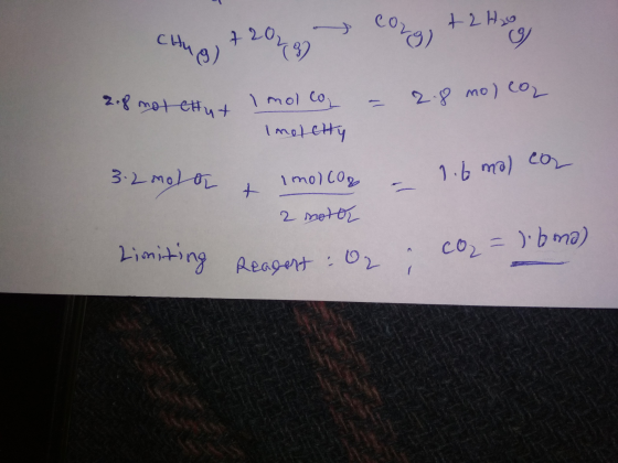 Chug) + 204 Congo + 2 Hug - 2.8 mo) co2 2.8 mot etut I mol co moletty 1.6 mal con 3.2 mola lol & & Imol CO2 2 nota Limiting R