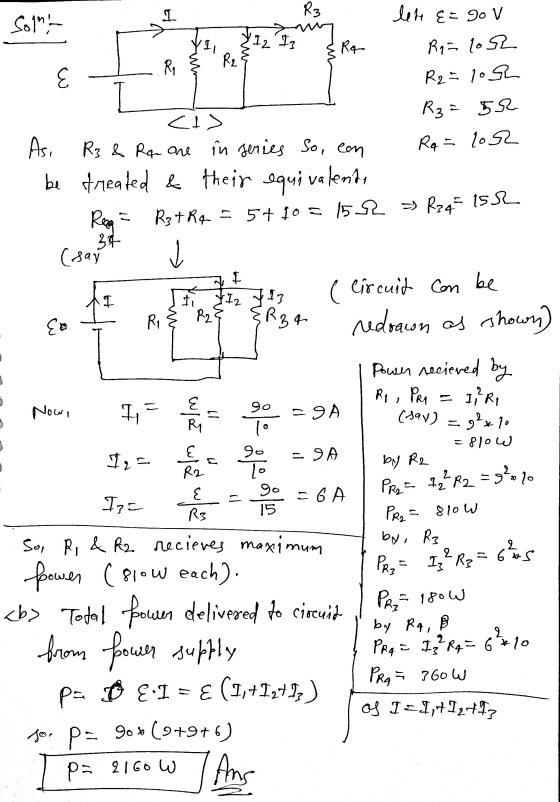 I Sol - len E=go v R3 ZI2 I3 my Rq Ry R₂ Ron los R2 = 102 E I Rq = lor <i> R₂ = 52 As, R3 & Ra one in series o, con be treat
