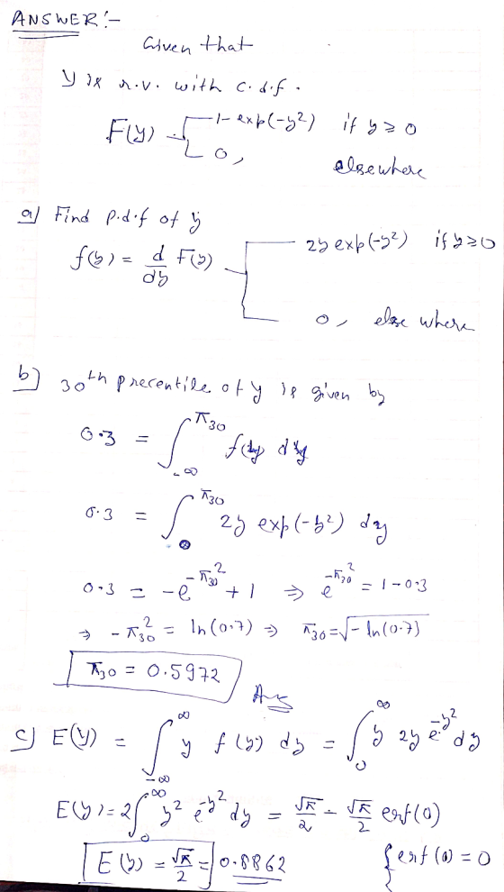 ANSWER: Criven that y is nov. with codif. -|-exp(-32) if yao Fly) elsewhere af Find pdef of y f)= df) db 2y exp(-32) if you e