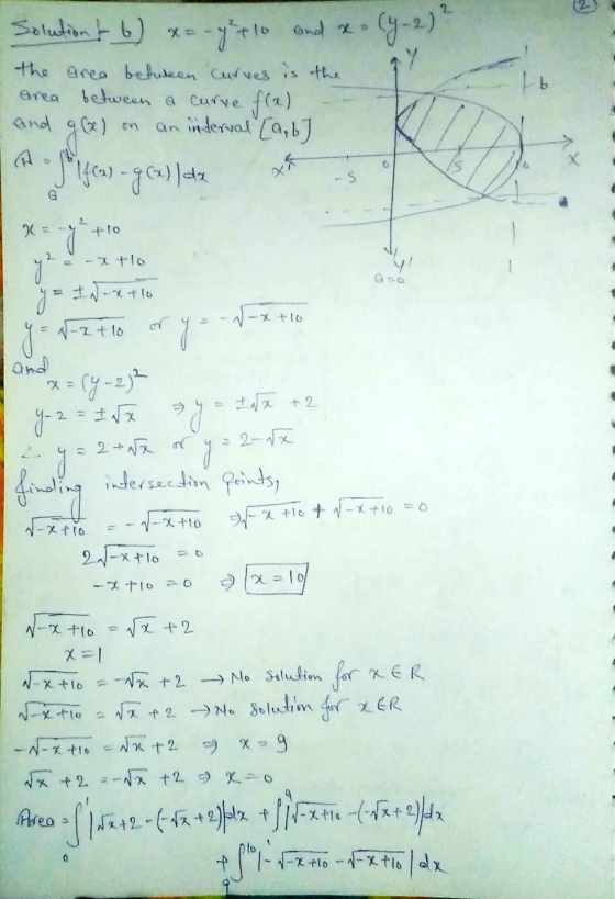 - y² +10 and xo (y-2) Solutiont b) x=- the area between curves in area between a curve f(x) and g(x) on an interval [a,b 16