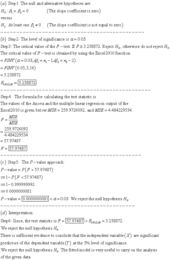 (a) Step1: The null and alternati ve hypotheses are The slope coefficient is zero versus H1 At least one 0 (The slope coeffic