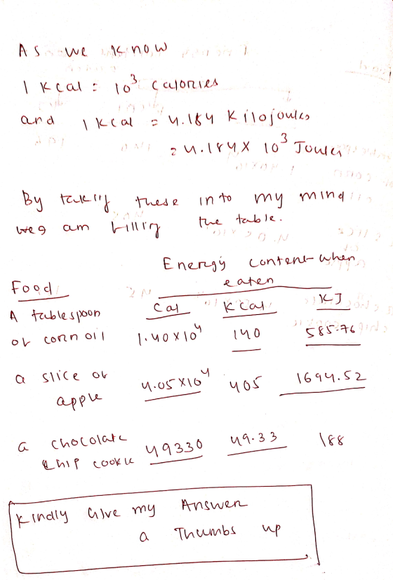 As we know and Ikeal: 103 calories and I kcal = 4.184 Kilojoulas An ONG qu.184, 10 Joule Tour - By taking these weg am hillin