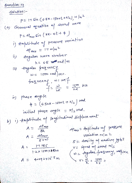 Question: 4 Sol utin!- wa ve ッ nyulan WaV Nuber iii丿 2イ iv) phase initial plode angle : 지2nd. リリヤ4ptitude o↑ ngitud-distlace..tat Bk une vanation Nm 2