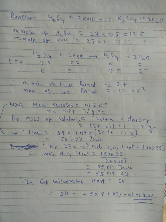 Reaction: H₂ Soy it 2KOH K Soy + 2H₂O m.mole of H₂ Soy = 27 x 0.5 = 13.5 m.mole of koy - 27 x 27 .. teo + 2H₂O H₂ Soy + 2 kot