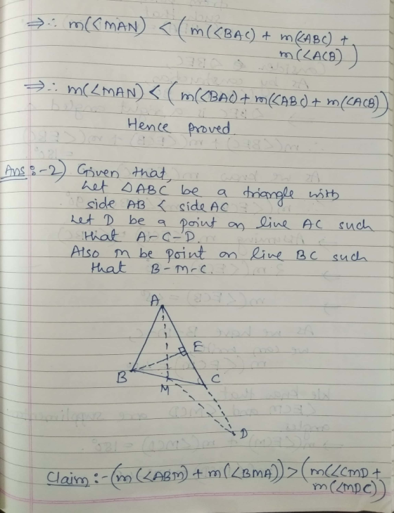 mmAN m(<BAC) mKAB) + m(LACB) m(ZMAN)< (mCBAd+ m/ABd+ mCACe) Hence proved Pros2Gven that het DABC be side AB side A mle nith e