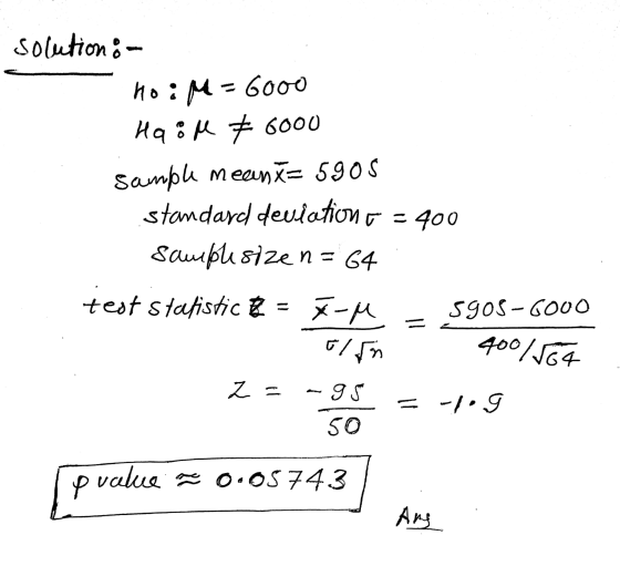 Solutions - hoiM = 6000 Hain z 6000 Sample meană= 5905 standard deviation o = 400 sample sizen = 64 test statistic & = x-M S9
