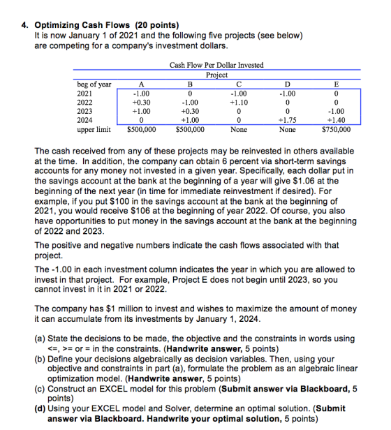 4. Optimizing Cash Flows (20 points) It is now January 1 of 2021 and the following five projects (see below) are competing for a companys investment dollars Cash Flow Per Dollar Invested Proiect beg of year 2021 2022 2023 2024 upper limit 1.00 +0.30 +1.00 1.00 +1.10 1.00 1.00 +0.30 +1.00 $500,000 1.00 +1.40 $750,000 +1.75 None $500,000 None The cash received from any of these projects may be reinvested in others available at the time. In addition, the company can obtain 6 percent via short-term savings accounts for any money not invested in a given year. Specifically, each dollar put in the savings account at the bank at the beginning of a year will give $1.06 at the beginning of the next year (in time for immediate reinvestment if desired). For example, if you put $100 in the savings account at the bank at the beginning of 2021, you would receive $106 at the beginning of year 2022. Of course, you also have opportunities to put money in the savings account at the bank at the beginning of 2022 and 2023 The positive and negative numbers indicate the cash flows associated with that project The -1.00 in each investment column indicates the year in which you are allowed to invest in that project. For example, Project E does not begin until 2023, so you cannot invest in it in 2021 or 2022 The company has $1 million to invest and wishes to maximize the amount of money it can accumulate from its investments by January 1, 2024. (a) State the decisions to be made, the objective and the constraints in words using <-, >- or- in the constraints. (Handwrite answer, 5 points) (b) Define your decisions algebraically as decision variables. Then, using your objective and constraints in part (a), formulate the problem as an algebraic linear optimization model. (Handwrite answer, 5 points) points) answer via Blackboard. Handwrite your optimal solution, 5 points) (c) Construct an EXCEL model for this problem (Submit answer via Blackboard, 5 (d) Using your EXCEL model and Solver, determine an optimal solution. (Submit