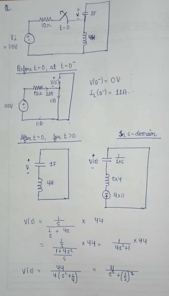 M lor to we - 110V Before t=0, at t=0 VIO JOV my 10ur LIA ů (o)= LIA, 110V (+) MAY / lla Ins-domain After E= 0, fou to al hm
