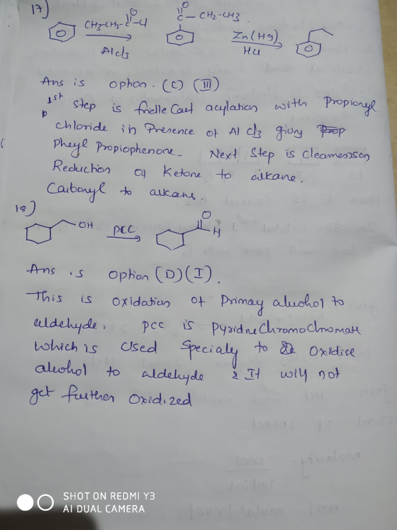 Charch 1st step is frielle Cast aculation with C- CH₂-CH3 . In (Hg) Hu Alch Ans is option () (1 Propional chloride in presenc