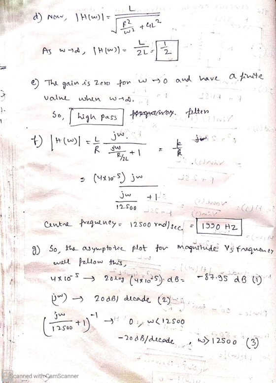 d) Now, I How is recita 2 wite As wed, IH(w) - Žiež As wyd 1H(W) 2L e) The gain is zero for w eo and have a finite - value wh
