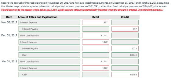 Record the accrual of interest expense on November 30, 2017 and first two instalment payments, on December 31, 2017, and Marc