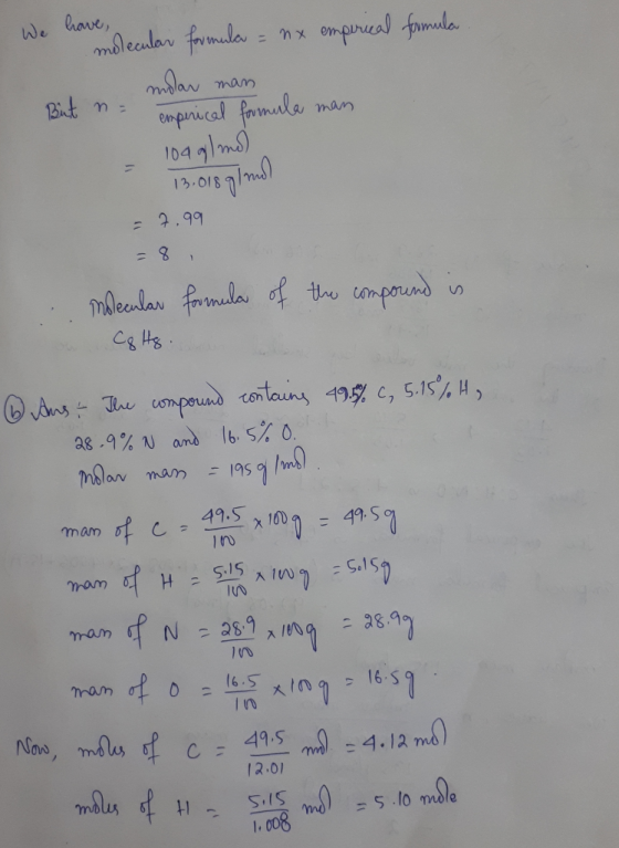 We have, msleaular frmula ompuneal fomda Saw mam Cinprical formula man 104 91ms) Bint 1 13.018 2.99 mlealar frimla the campor
