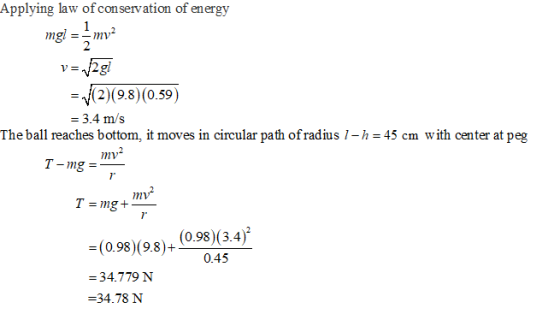 Applying law of conservation of energy mgl = -mv2 v=v2gi =(2)(9.8) (0.59) = 3.4 m/s The ball reaches bottom, it moves in circ