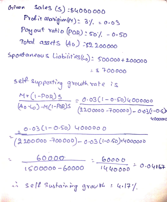 Given Sales (5) -$4000000 Profit Marigim(M)= 3% = 0.03 Payout ratio (POR): 50% -0,50 Potal assets (40) =$2 200000 Spontaneous