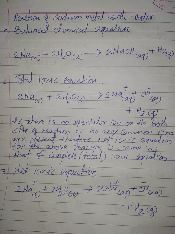 Date Reaction of sodium metal with water. 1. Balanced chemical equation 2Nac) + 2H20 w 2NaOH cag) + H29) 2 Total Tonic equati