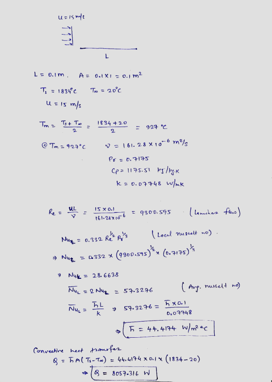 u=15 ml 111 L L= 0,1 m , A- 0.XI - 1 = 0.1 m2 T, = 1834C Too = 20°c u=15 m/s Tma Tst Too 2 1834 + 20 2 927 6 @ Tm=927°C D=161