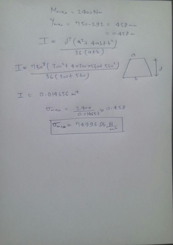 Momax = 2400 Nm Yman 750-292 = 458 mm - 0.458 m I= d? (9²+ 4a6t6² 36 (ato) I= 7503 (30027 4x300 x 5604 560²) 36 (3004 560) I=