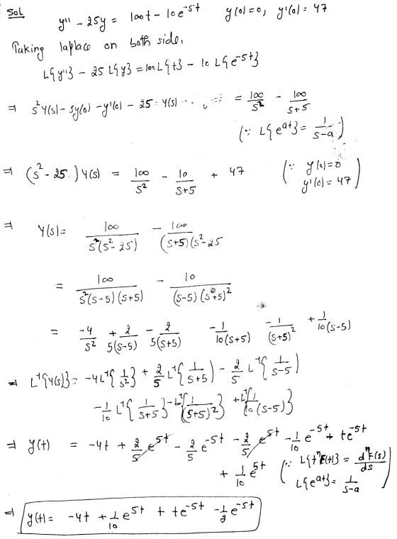 sol loot- loest y - 254 g101=0, ylol=47 Taking laplace on both side, LG 4} – 25 29 43 = lot 24+3 - lo llest = 100 sh 0 ${4