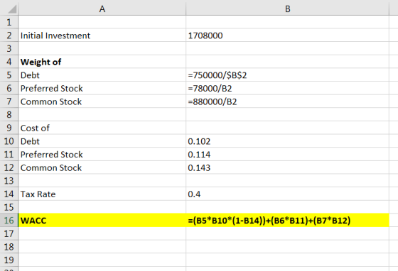 1708000 =750000/$B$2 =78000/B2 =880000/B2 2 Initial Investment 3 4 Weight of 5 Debt 6 Preferred Stock 7 Common Stock 8 9 Cost