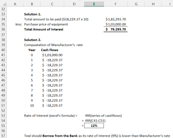 A B C D E F G H I Solution 1. Total amount to be paid ($18,229.37 x 10) less: Purchase price of equipment Total Amount of Int