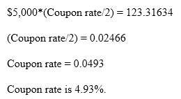 $5,000*(Coupon rate/2) = 123.31634 (Coupon rate/2) = 0.02466 Coupon rate = 0.0493 Coupon rate is 4.93%.