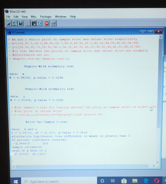 R RGui (32-bit) File Edit View Misc Packages Windows Help STOP RR Console > tx and y denote price in campus store and online