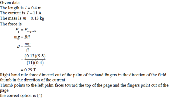 Given data The length is l -0.4 m The current is I-11A The mass is m 0.13 kg The force is = r magnett il (0.13)(9.8) =0.29 T