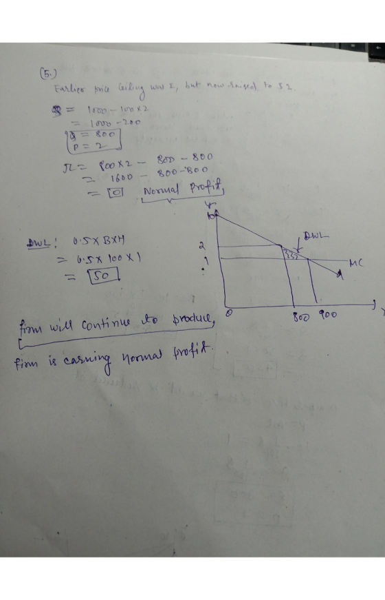 Farlier price Coiling was I, but now reised to $2. pe = iom - Im x2 = 100 - 200 (p=2J r= 800x2 - 800 - 800 = 1600 - 800-B 0 0