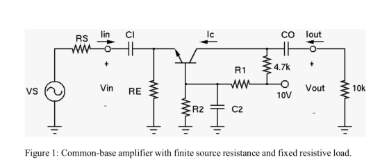 RS lin ci IC 8 수 ANN + 1 오 vs © 10k Vin REŠ PT SR2 - HAI 2 | Figure 1: Common-base amplifier with finite source resistance an