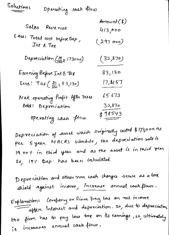 itione operating cash flow Amount($) 413,000 sales Revenue Lesss Total cost efore Dep, Int & Tax (297000) Depreciation of 173