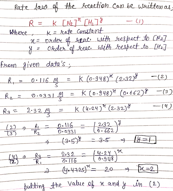 Rate law of the reaction can be written as - R = k [Ne7 [H₂ g (1) Where k = rate Constant n = order of reac with respect to C