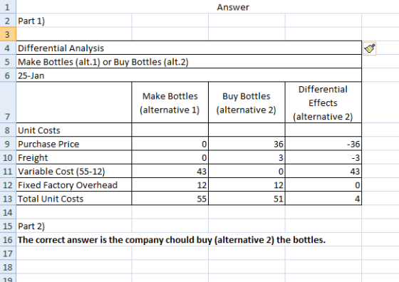 Answer 2 Part 1) 3 4 Differential Analysis 5 Make Bottles (alt.1) or Buy Bottles (alt.2) 6 25-Jan Differential Make Bottles B
