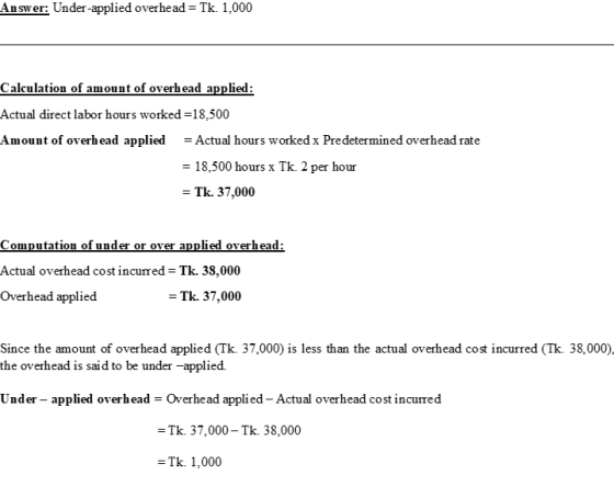 An swer: Under-applied overhead = Tk. 1,000 Calculation of amount of overhead applied: Actual direct labor hours worked =18,5