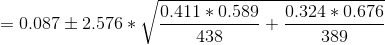 =0.087\pm2.576*\sqrt{\frac{0.411*0.589}{438}+\frac{0.324*0.676}{389}}