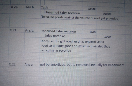 Q 20. Ans b. Cash 50000 Unearned Sales revenue 50000 (because goods against the voucher is not yet provided) Q 21. Ans b. Une