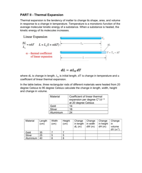 PART II - Thermal Expansion Thermal expansion is the tendency of matter to change its shape, area, and volume in response to