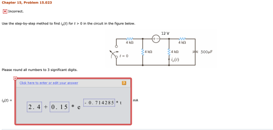 Chapter 15, Problem 15.023 Incorrect Use the step-by-step method to find i.(t) for t> 0 in the circuit in the figure below. 1